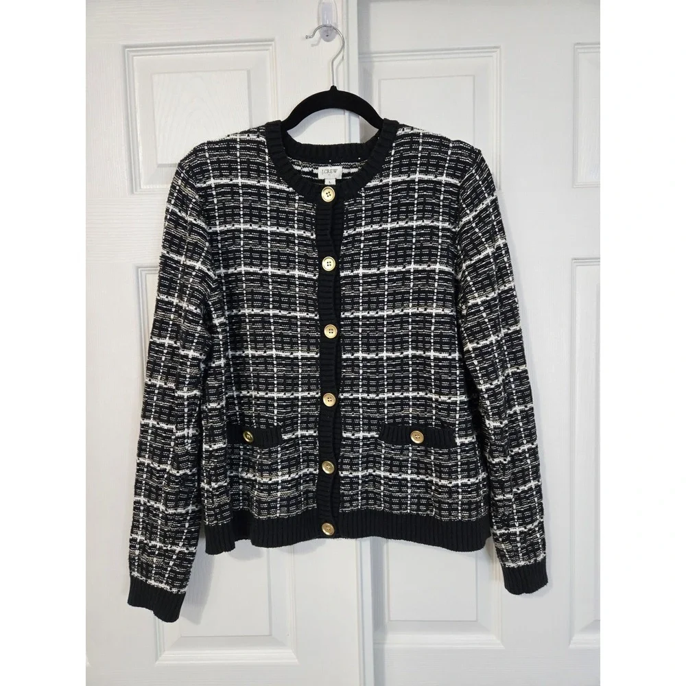 J.Crew Emilie Cardigan Sweater Black White Tweed Old Money Gold Button L